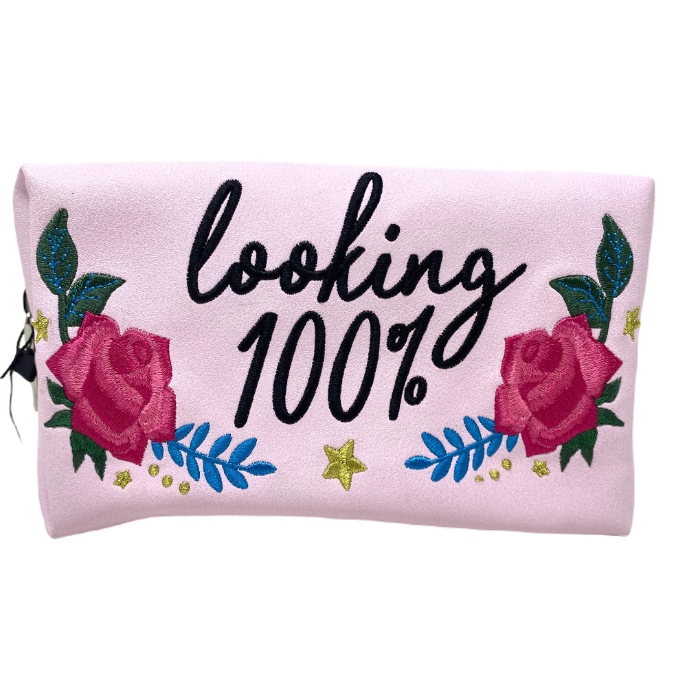 Skinny Dip Makeup Bag "Looking 100%" Foral Embroidery